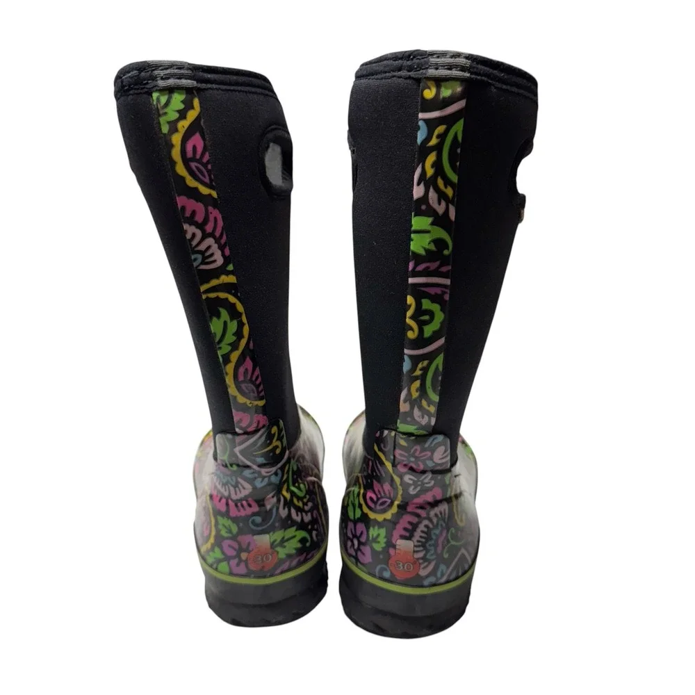 Bogs Tuscany High Rain Snow Boots Girls Sz 4 Paisley Floral Waterproof -30 Black